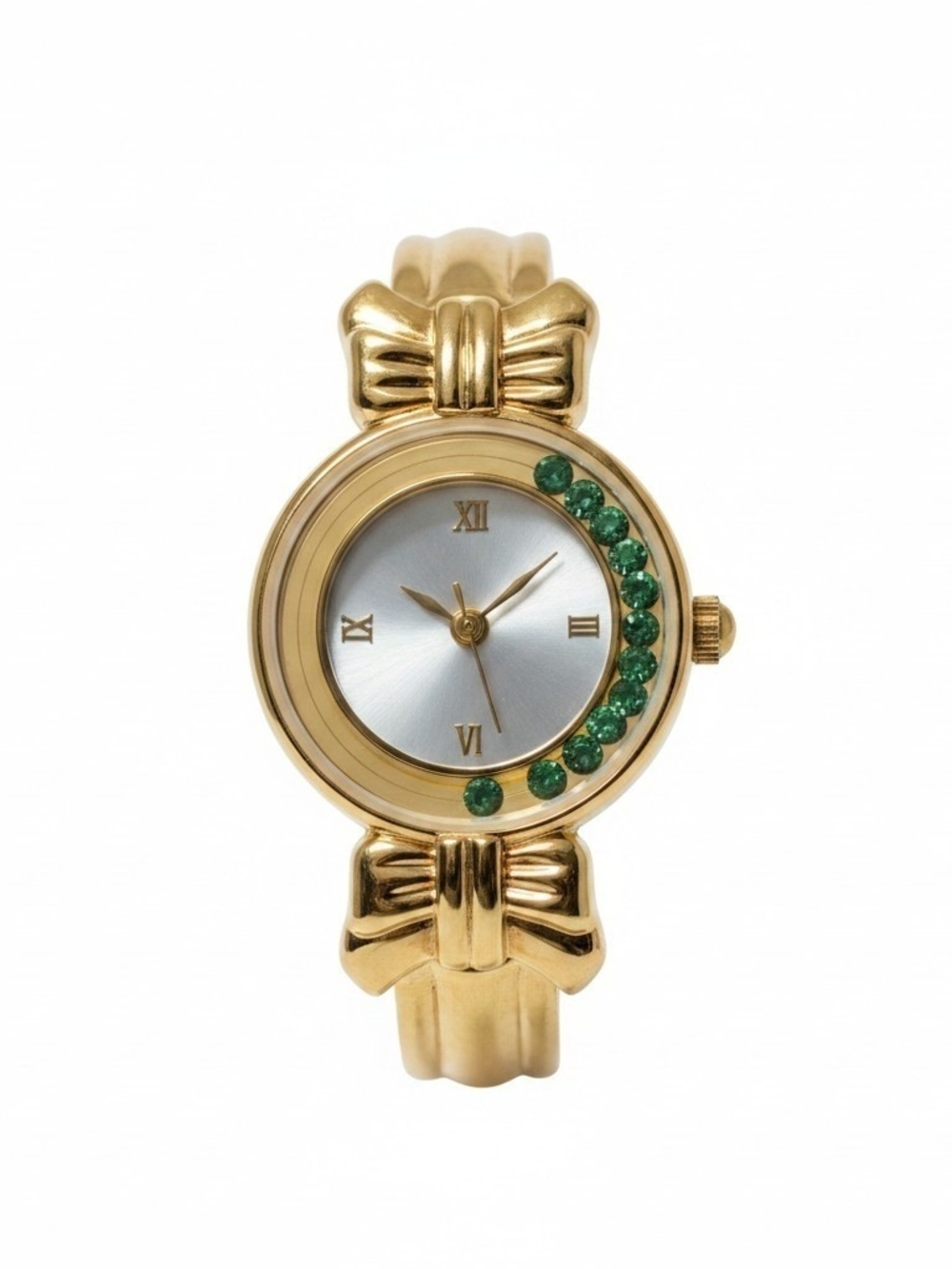 Avon Vintage Gold-Tone Bow Bracelet Watch with Green Crystals